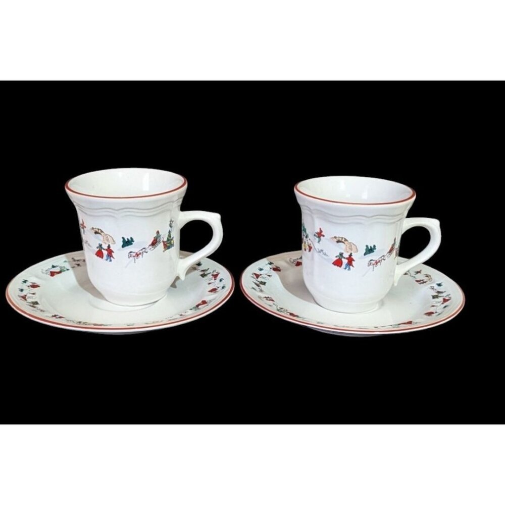 vintage Farberware White‎ Christmas Snow  Teacup And Saucer Coffee Mug  set of 2